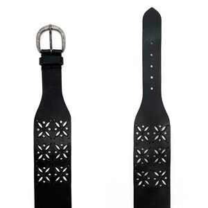 Garnet Hill Nicola Black Leather Wide Belt Size XL Laser Cut Floral Design